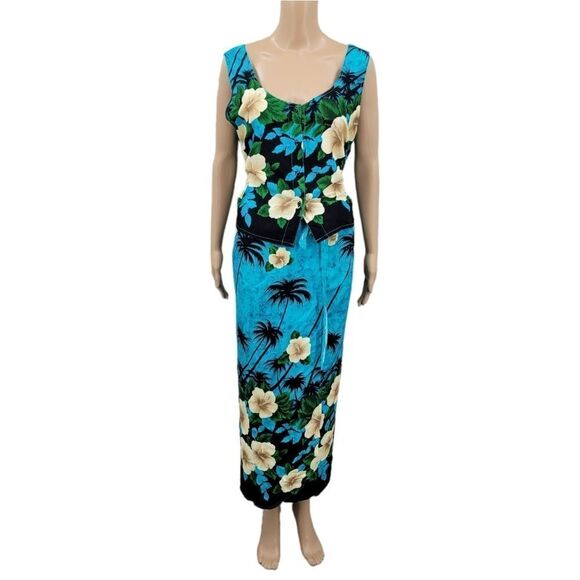 Thai Two Vintage Wrap Skirt and Tank Set Blue Tropical Hawaiian Women's - Picture 2 of 16